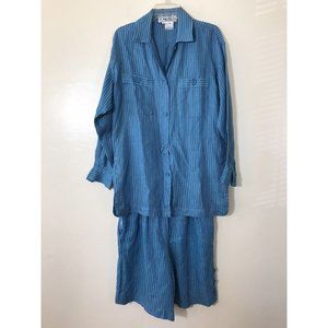Vintage Carlisle 100% Linen Blue Stripe Shirt Short Set Button Down Size 8 Flax